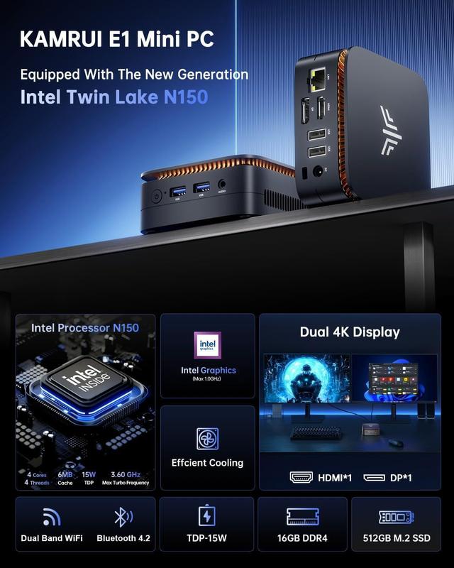 Mini PC KAMRUI Essenx E1 16 GB de RAM 512 GB SSD Intel N150 4K